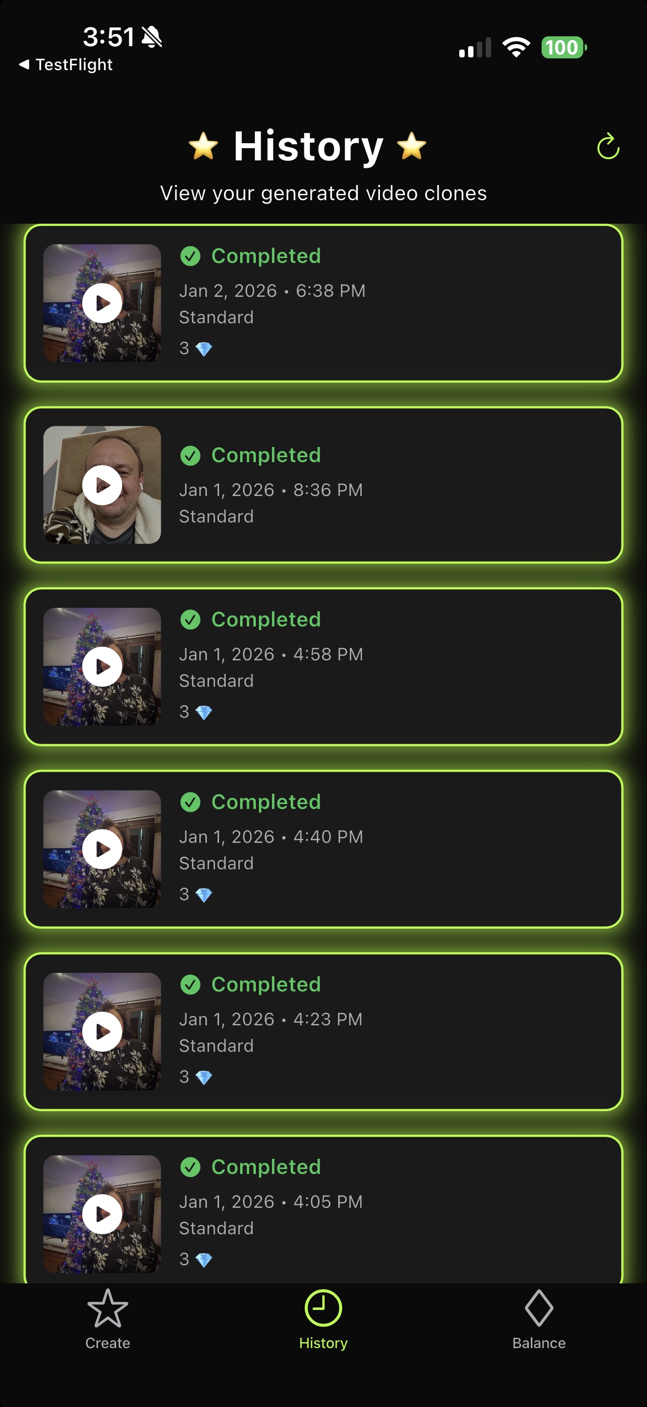 History screen showing generated video clones